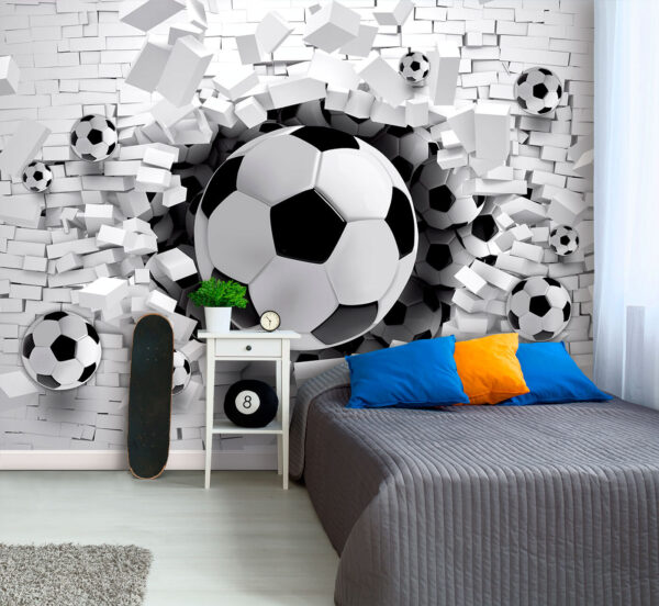 Papel de parede Papel de parede Bola de futebol a atravessar uma parede de tijolo (REF: u96315)
