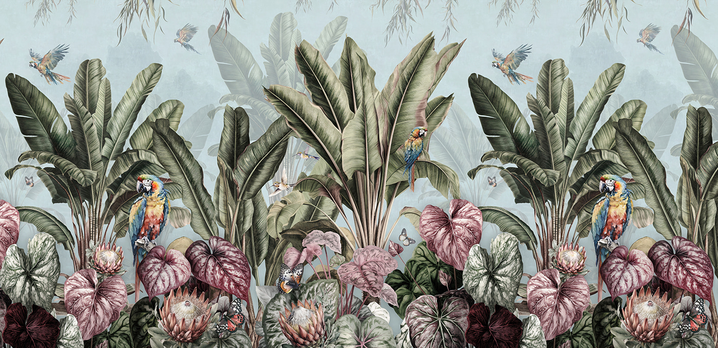 Papel de parede com plantas tropicais e pássaros u96259p - Papel de parede com plantas tropicais e pássaros - tegory