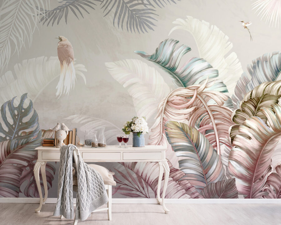 Papel de parede Folhagem tropical com pássaros delicados.