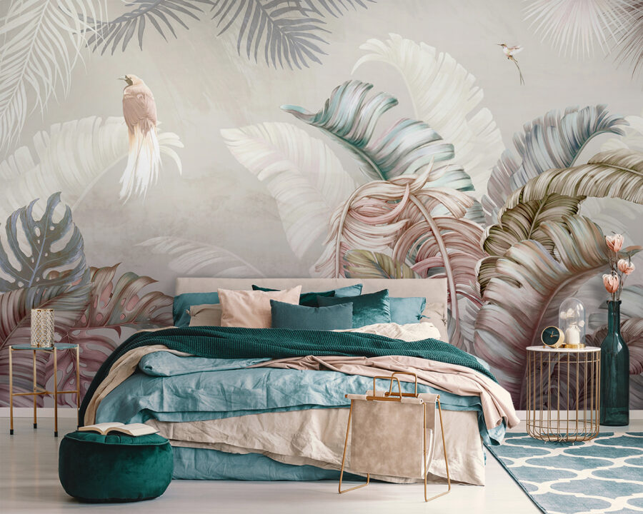 Papel de parede Folhagem tropical com pássaros delicados. - Image 3