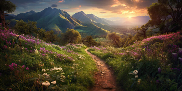 Caminho através de uma área relvada com flores e montanhas ao fundo Caminho através de uma área relvada com flores e montanhas ao fundo