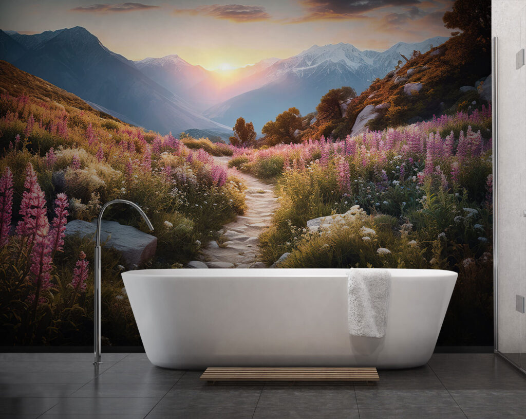 Path through a mountain with flowers Path through a mountain with flowers