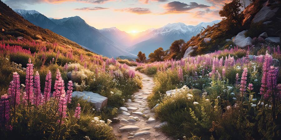 Caminho através de uma montanha com flores
