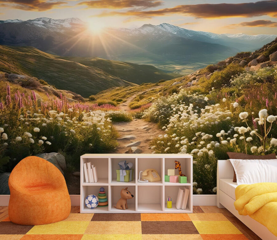 Caminho através de um vale com flores e montanhas ao fundo