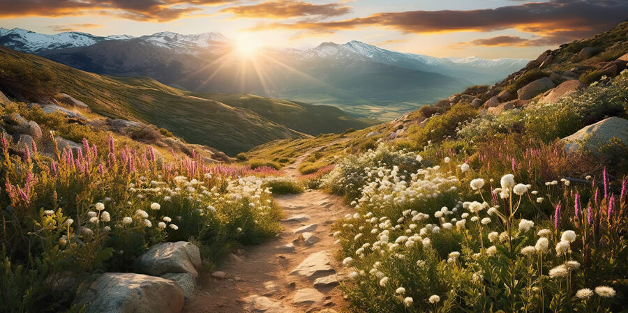 Caminho através de um vale com flores e montanhas ao fundo