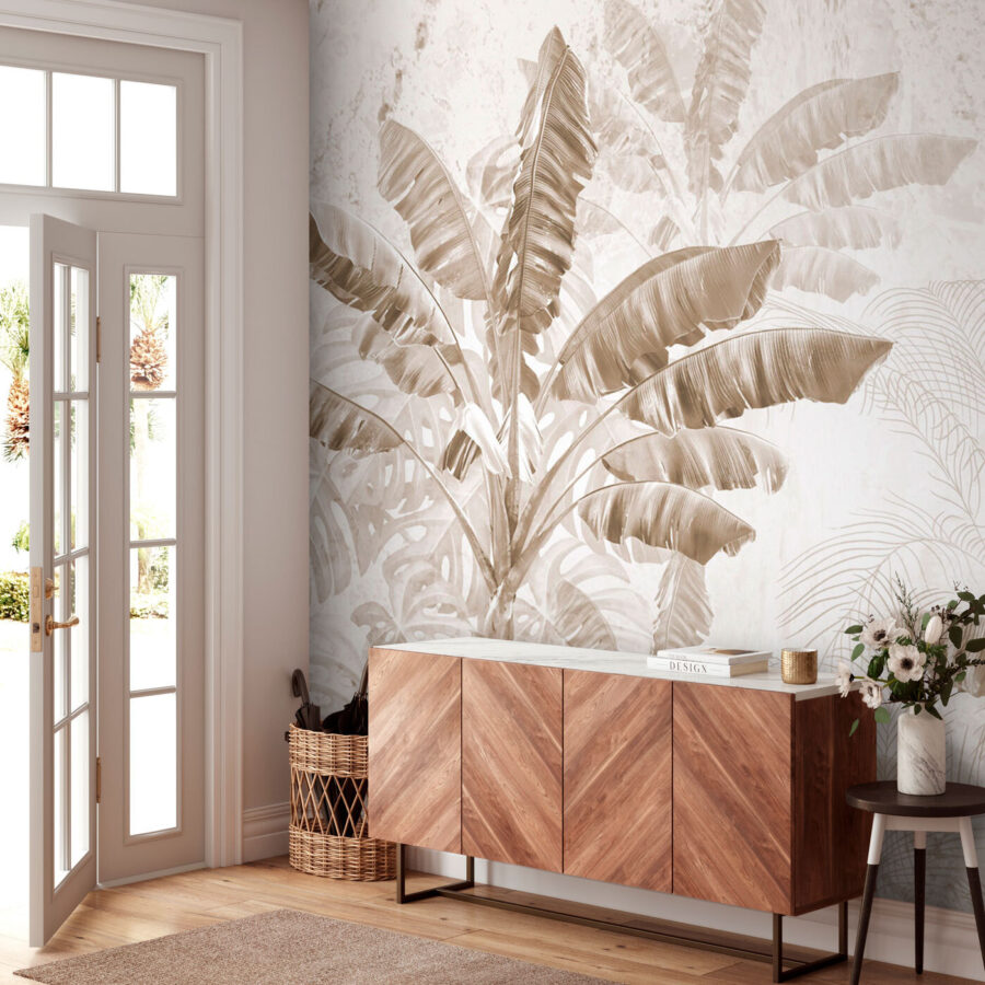 Folhas tropicais em monocromático suave.