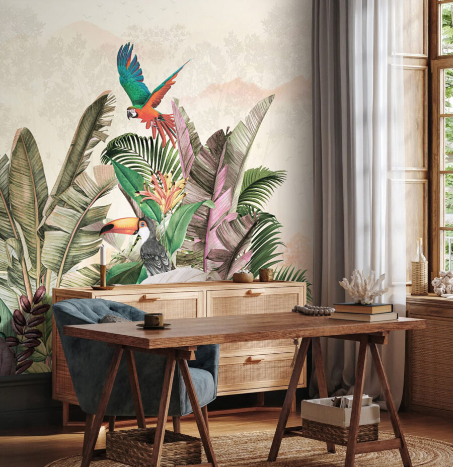 Grupo de aves e plantas