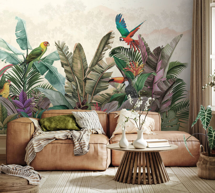 Grupo de aves e plantas