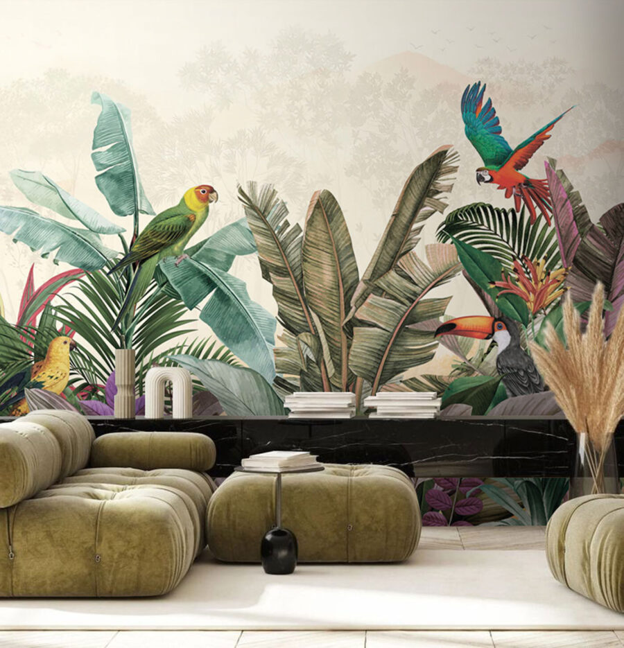 Grupo de aves e plantas