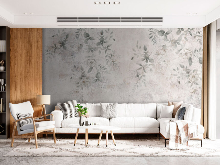 Parede branca com folhas e flores