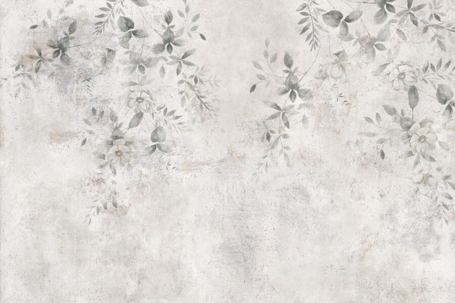 Parede branca com folhas e flores
