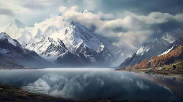 Lago com montanhas cobertas de neve e nuvens Lago com montanhas cobertas de neve e nuvens