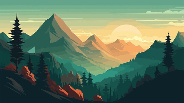 Uma paisagem de montanhas e árvores Uma paisagem de montanhas e árvores