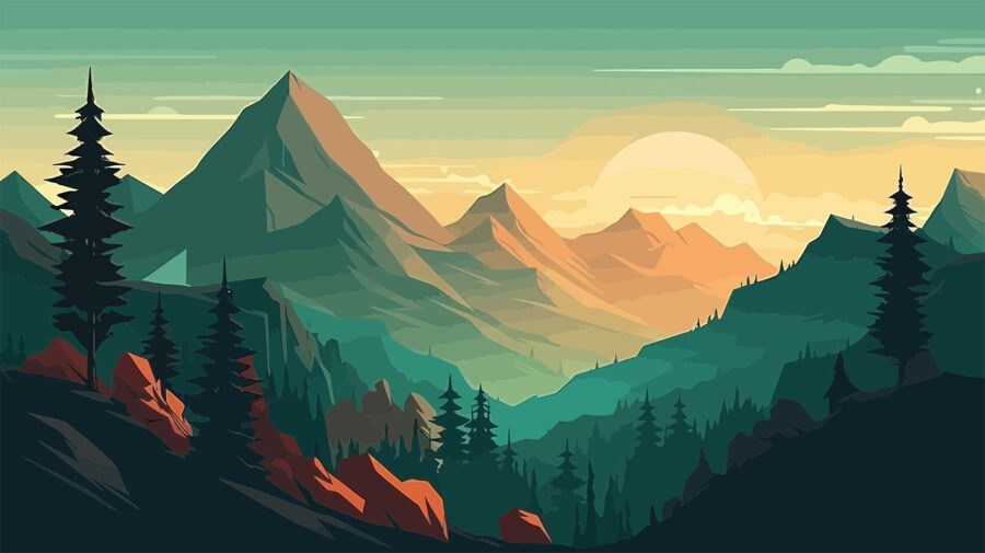 Uma paisagem de montanhas e árvores