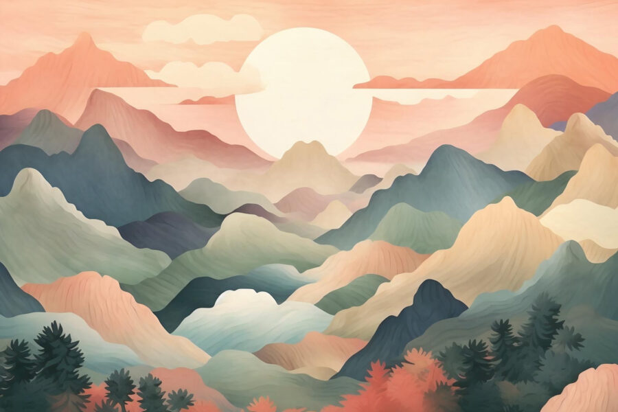 Paisagem com montanhas e árvores