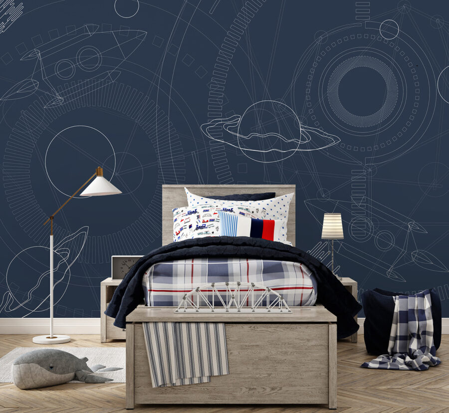 Fundo azul e branco com planetas e estrelas