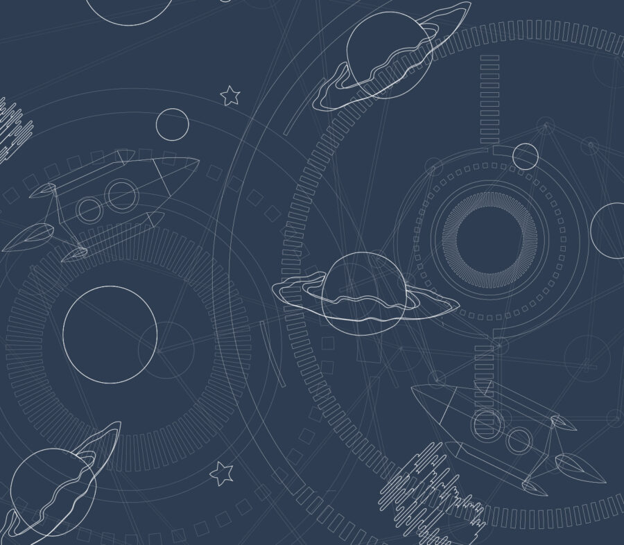 Fundo azul e branco com planetas e estrelas