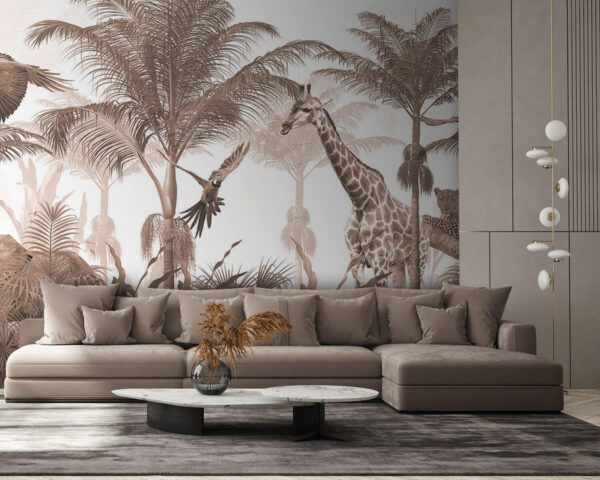Girafas e um papagaio numa floresta Papel de parede Girafas e um papagaio numa floresta