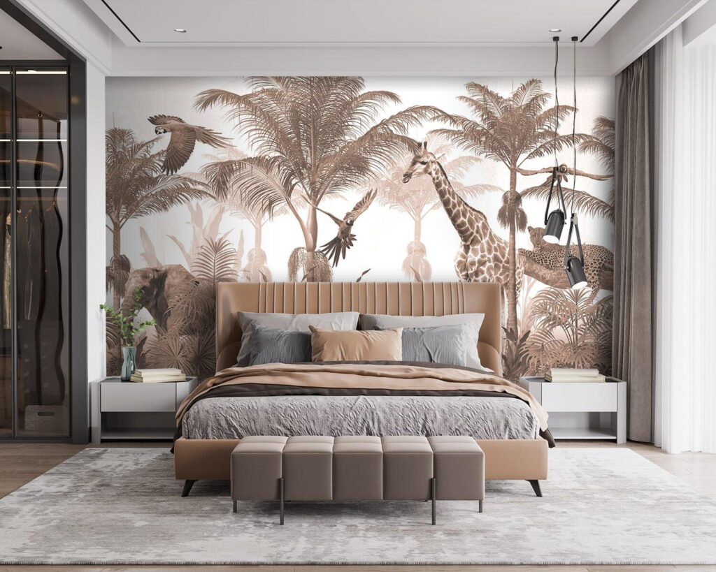 Giraffes and a parrot in a forest