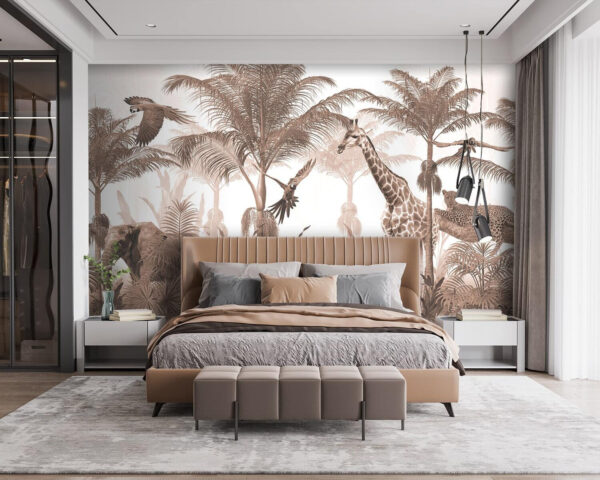 Giraffes and a parrot in a forest