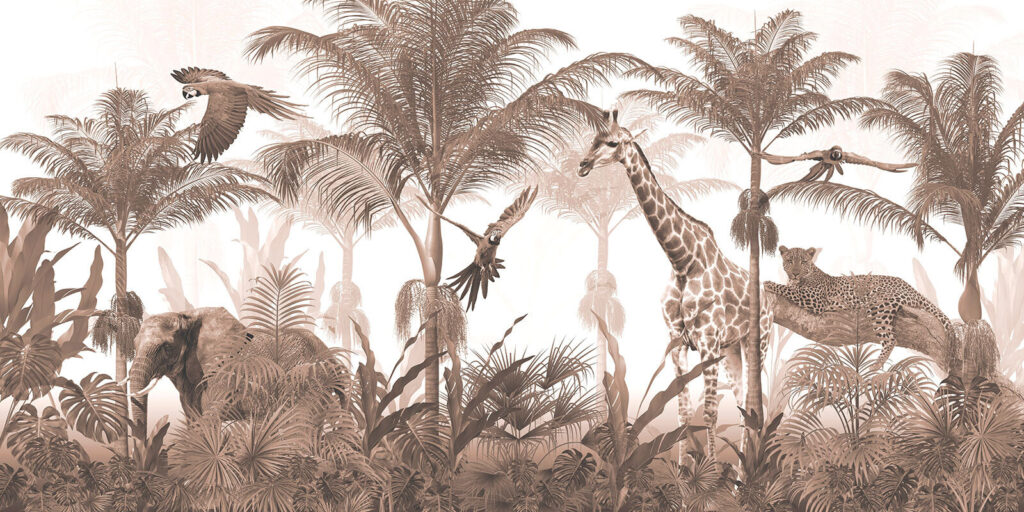 Giraffes and a parrot in a forest