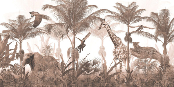 Giraffes and a parrot in a forest