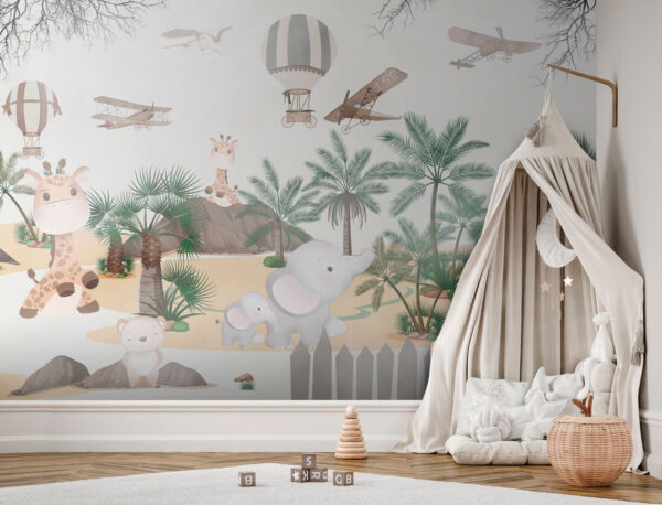 Mural de parede com animais e aviões Mural de parede com animais e aviões