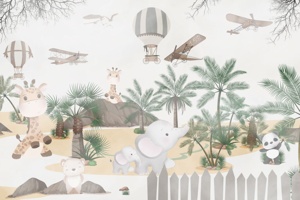 Mural de parede com animais e aviões Mural de parede com animais e aviões