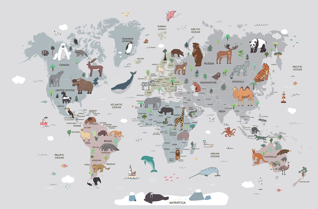 Mapa do mundo com animais Mapa do mundo com animais
