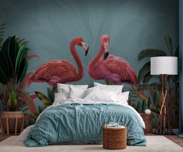 Dois flamingos cor-de-rosa e folhas verdes Dois flamingos cor-de-rosa e folhas verdes