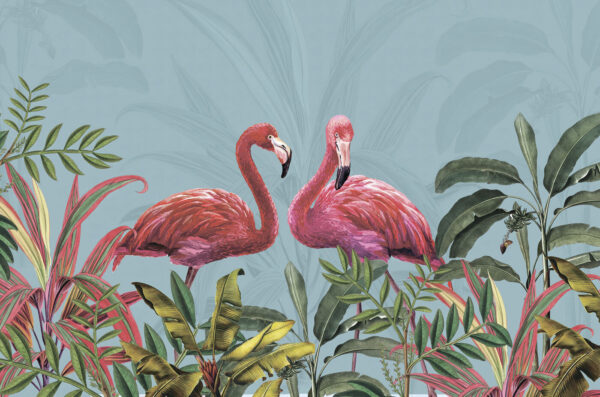 Dois flamingos cor-de-rosa e folhas verdes Dois flamingos cor-de-rosa e folhas verdes
