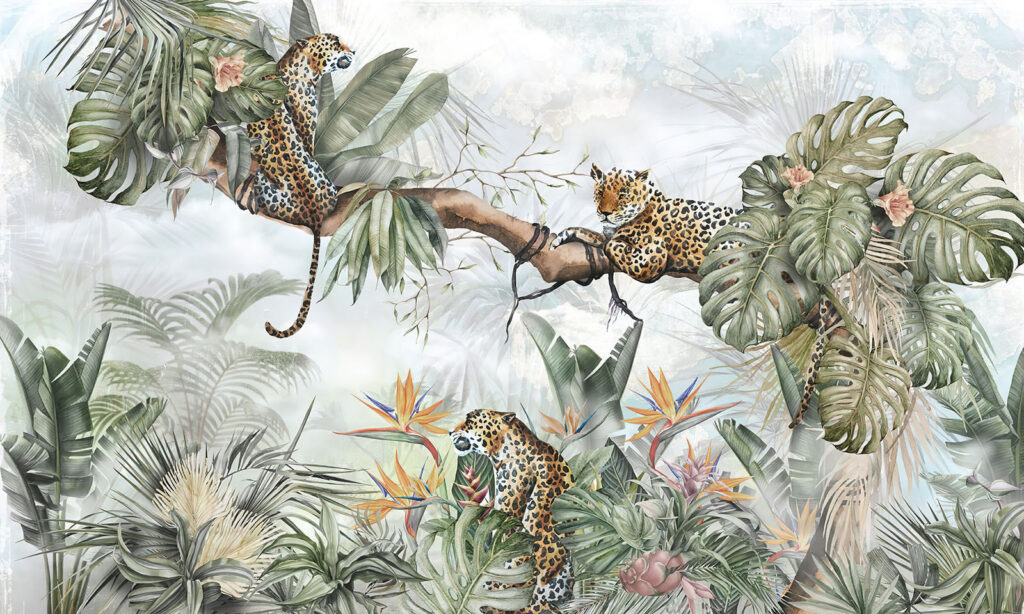 Pintura de um grupo de chitas num ramo de árvore Pintura de um grupo de chitas num ramo de árvore