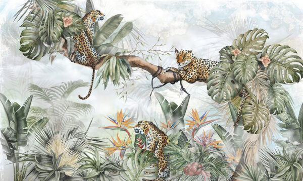Pintura de um grupo de chitas num ramo de árvore Pintura de um grupo de chitas num ramo de árvore