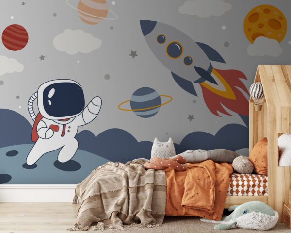 Desenho animado de um astronauta a caminhar num planeta com um foguetão no céu Desenho animado de um astronauta a caminhar num planeta com um foguetão no céu