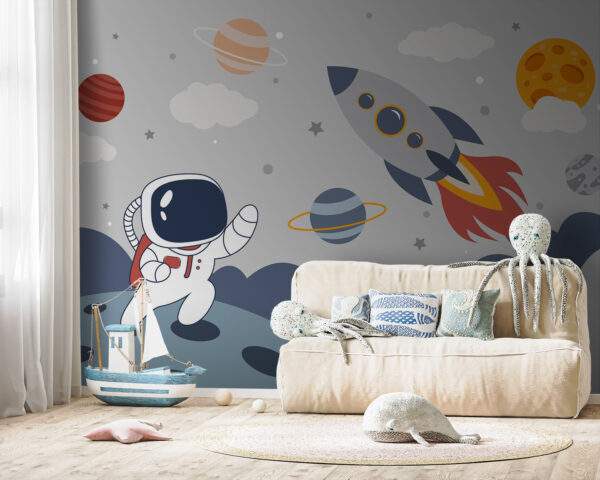 Desenho animado de um astronauta a caminhar num planeta com um foguetão no céu Desenho animado de um astronauta a caminhar num planeta com um foguetão no céu