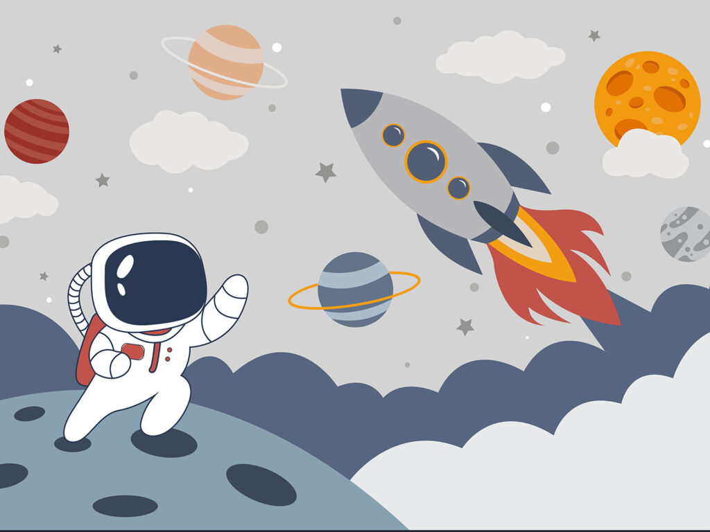 Desenho animado de um astronauta a caminhar num planeta com um foguetão no céu Desenho animado de um astronauta a caminhar num planeta com um foguetão no céu