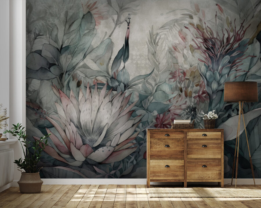 Pintura de flores e folhas