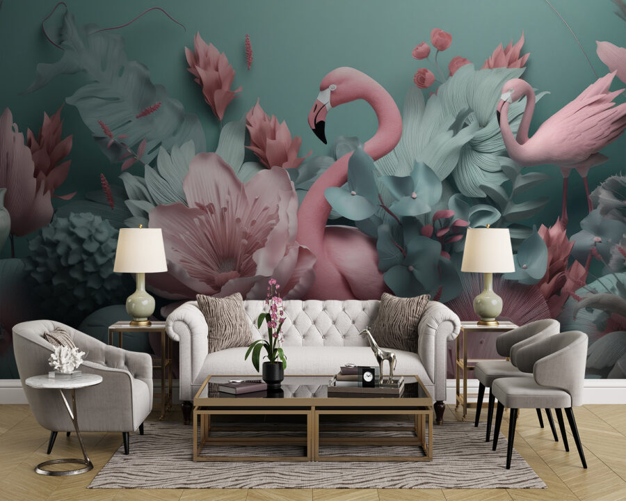 Flamingo cor-de-rosa rodeado de flores