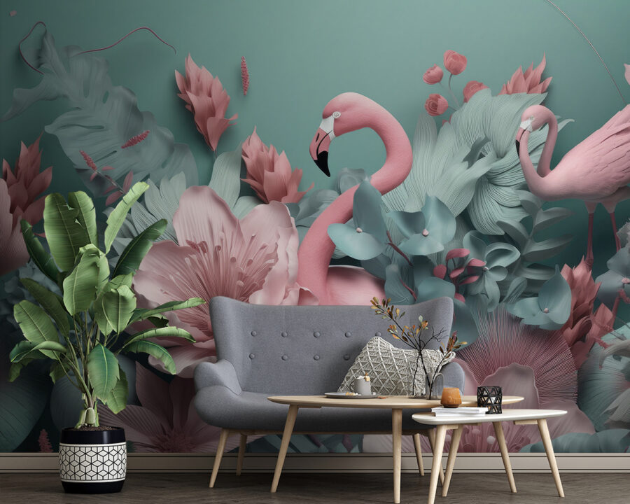 Flamingo cor-de-rosa rodeado de flores