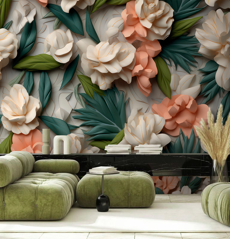 Flores delicadas com uma vegetação luxuriante.