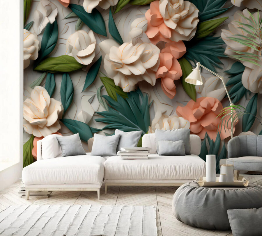 Flores delicadas com uma vegetação luxuriante.