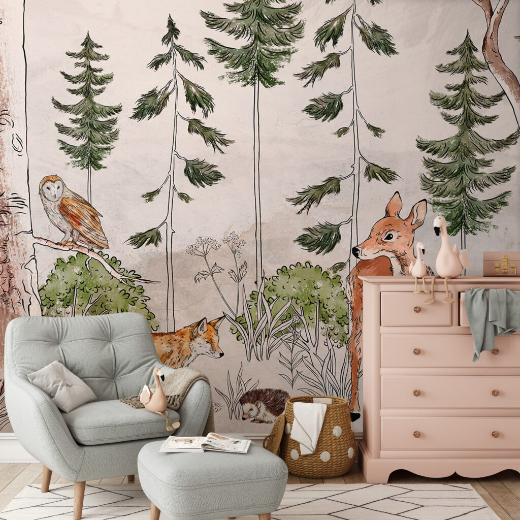 Wall mural with animals and trees