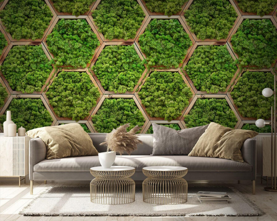 Parede de plantas em hexágonos