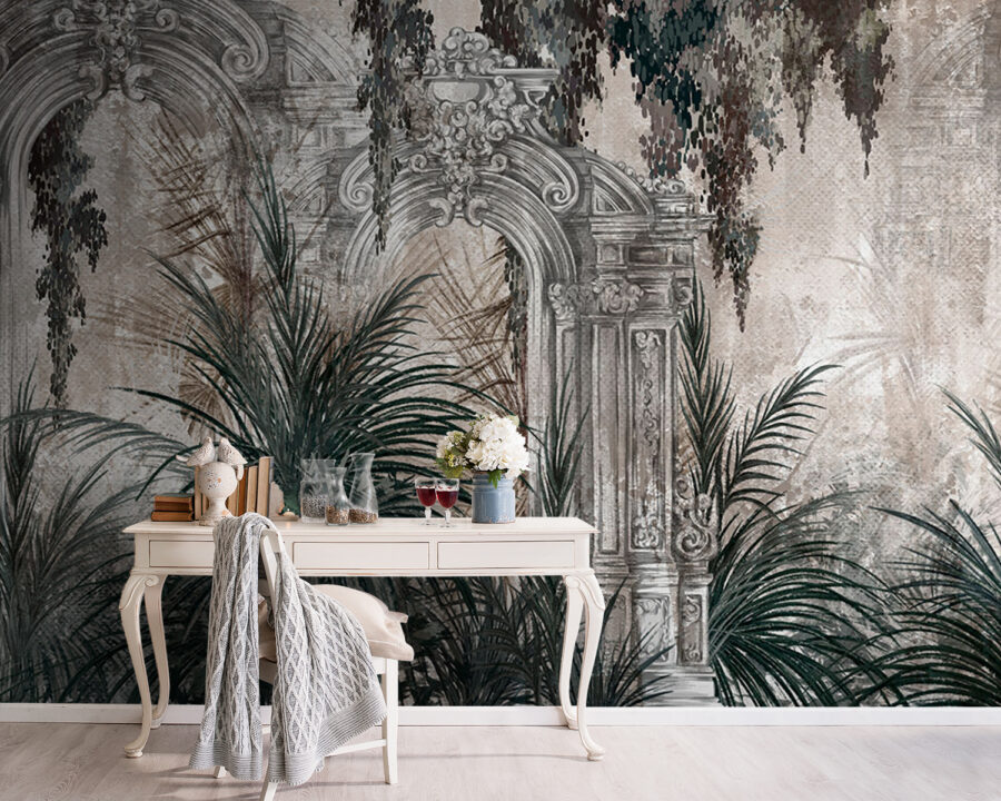 Pintura de um arco de pedra com plantas