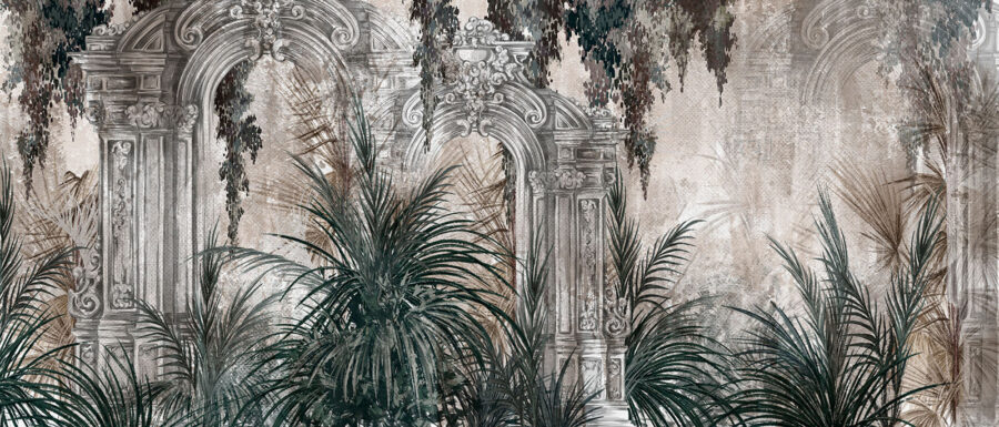 Pintura de um arco de pedra com plantas