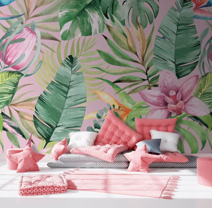 Padrão de folhas e flores tropicais