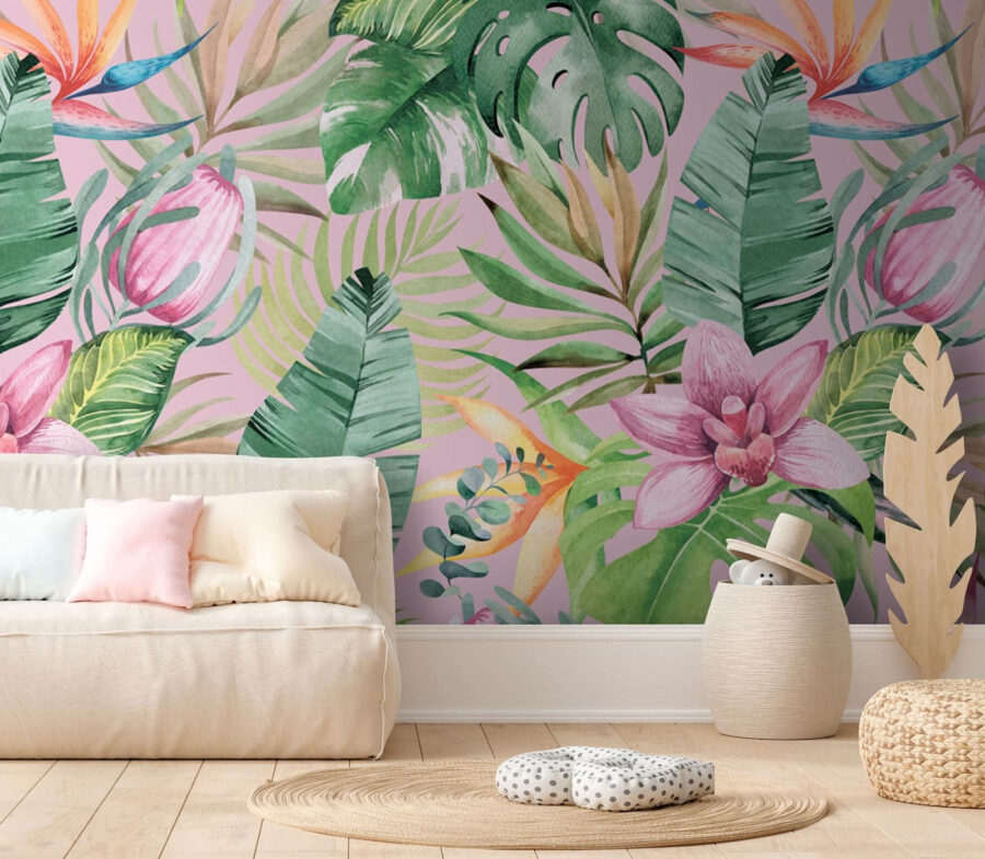 Padrão de folhas e flores tropicais