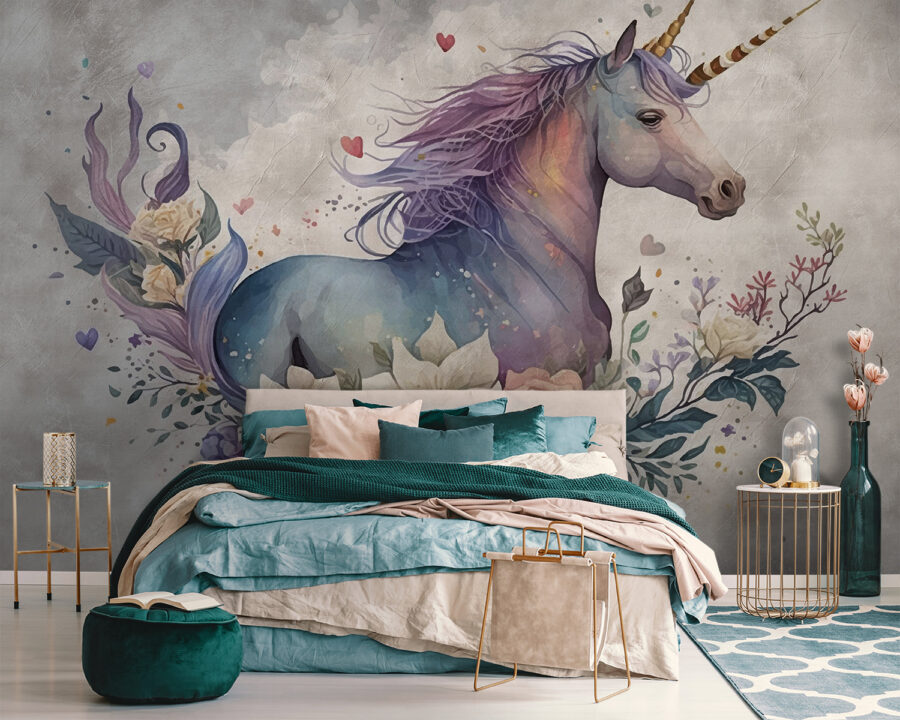 Um unicórnio com flores e folhas