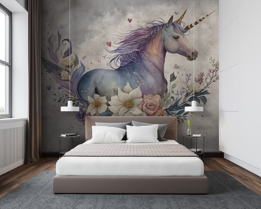 Um unicórnio com flores e folhas