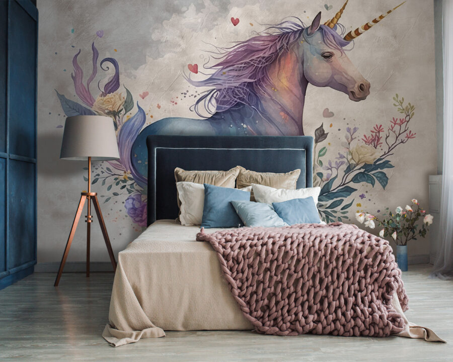 Um unicórnio com flores e folhas